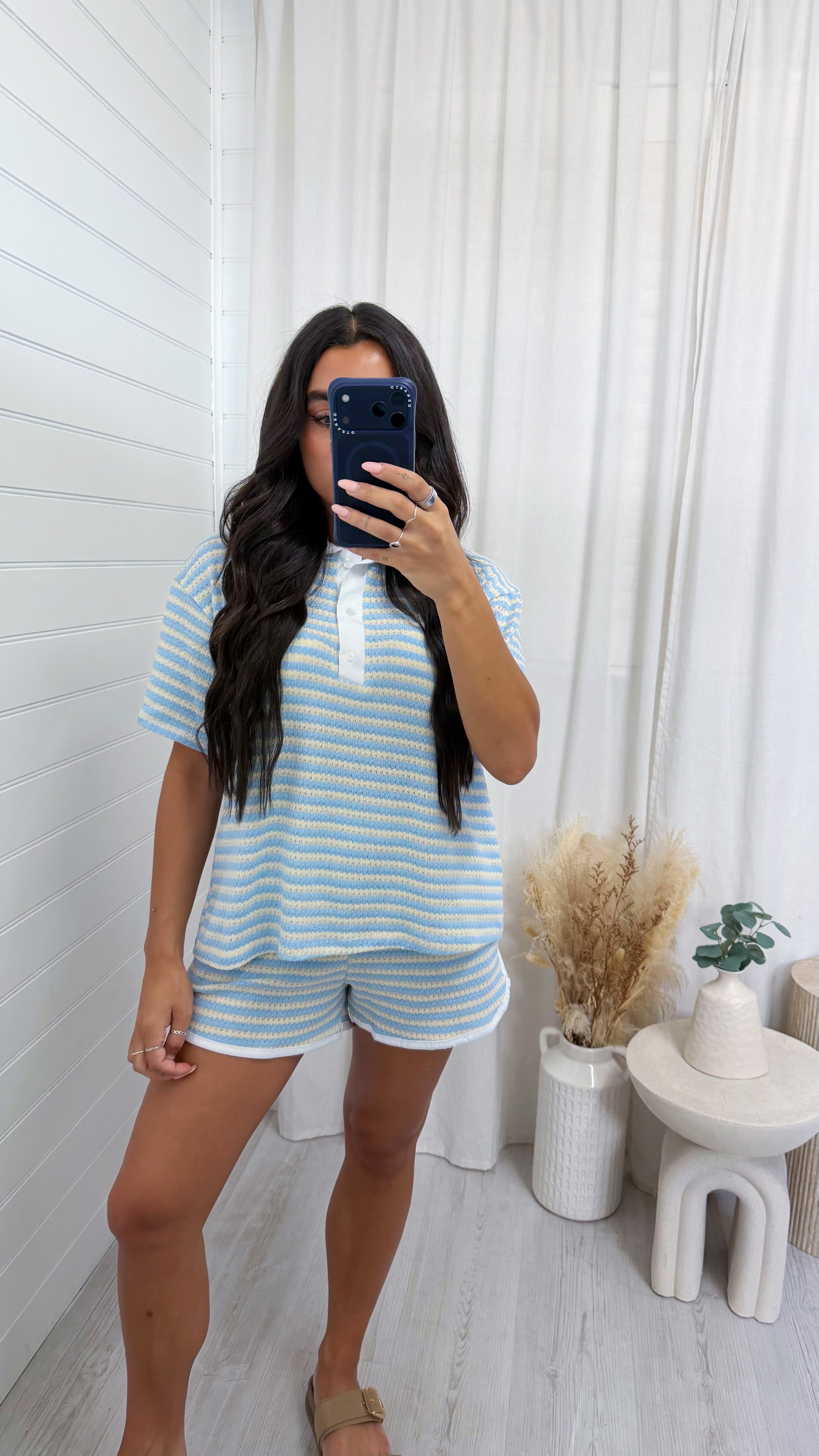 Crochet Stripe Collared Shirt and Shorts - BABY BLUE