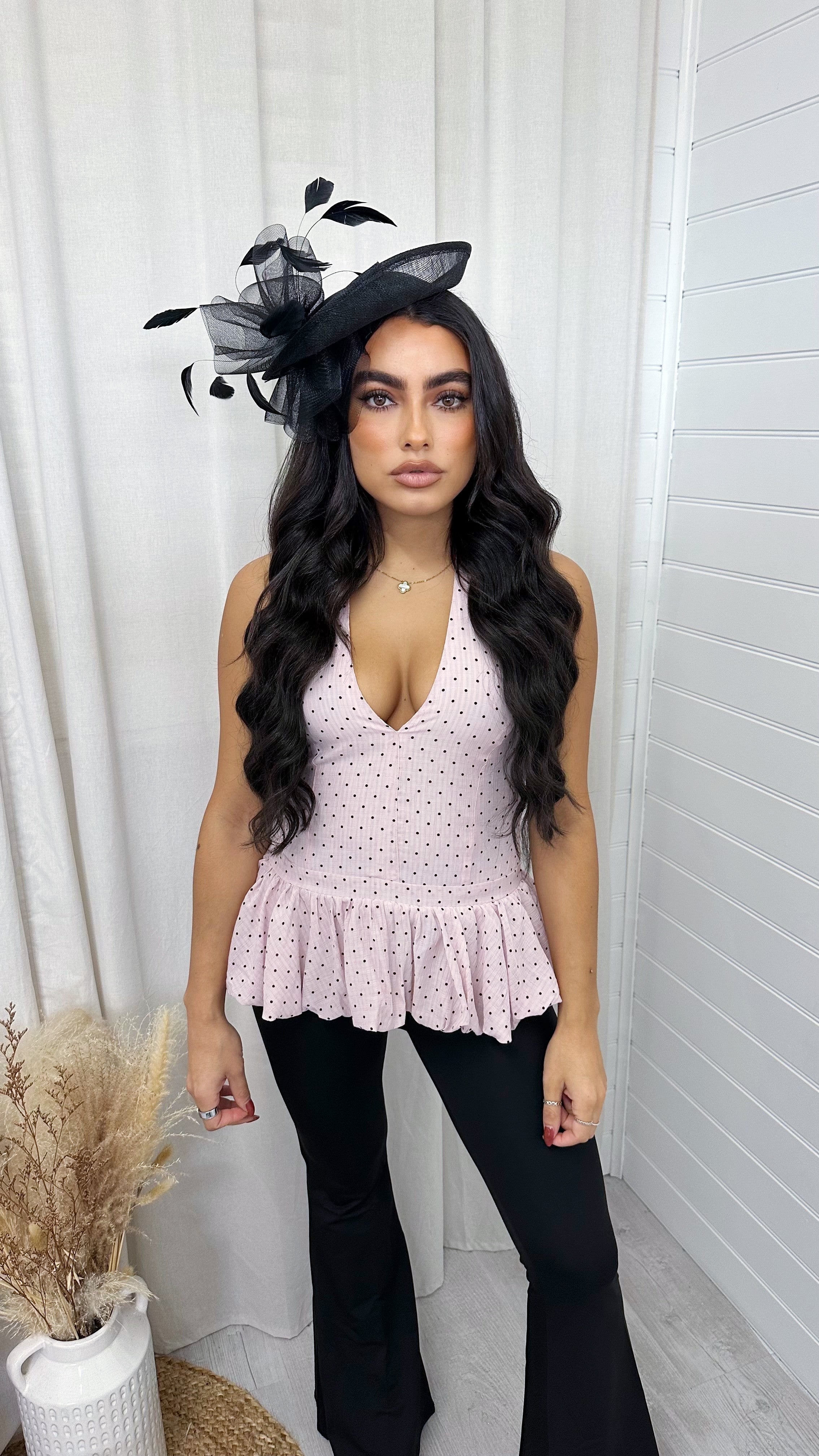 Halter Neck Polka Dot Peplum Top - PINK