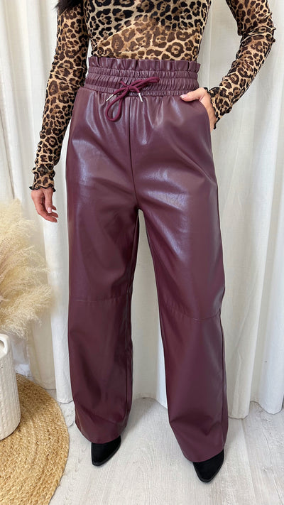 PU Paper Bag Wide Leg Trousers - WINE