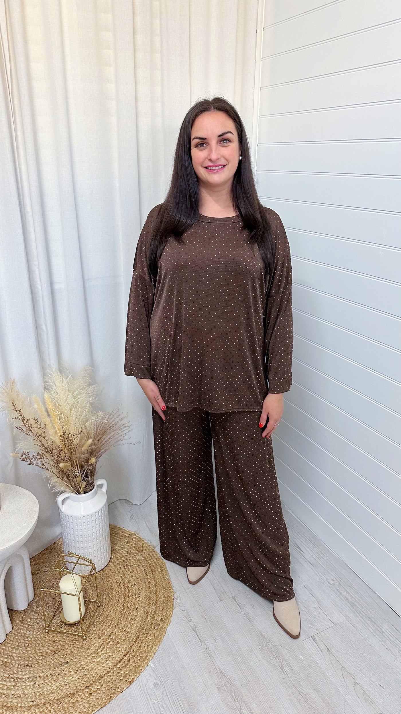 PLUS Sparkly Rhinestone Top and Trouser Co-Ord - BROWN