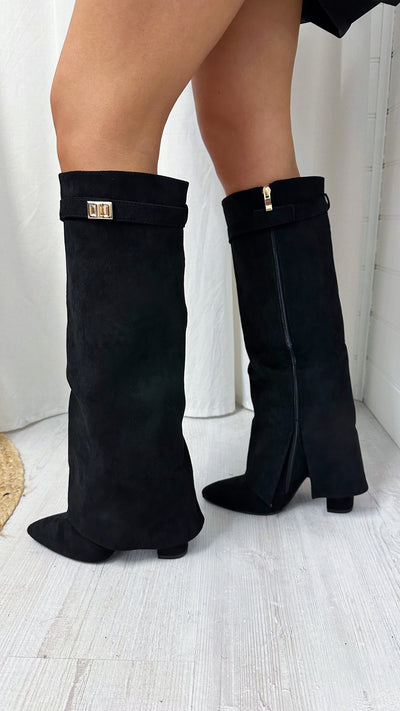 Suede Knee High Fold Over Boots - BLACK