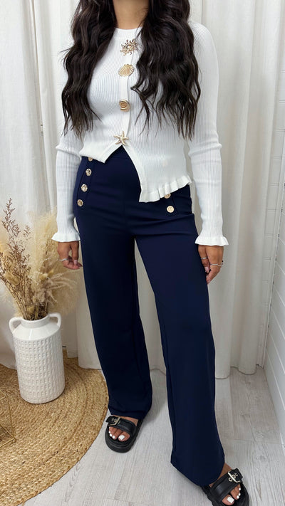 Gold Button Wide Leg Stretchy Trousers - NAVY