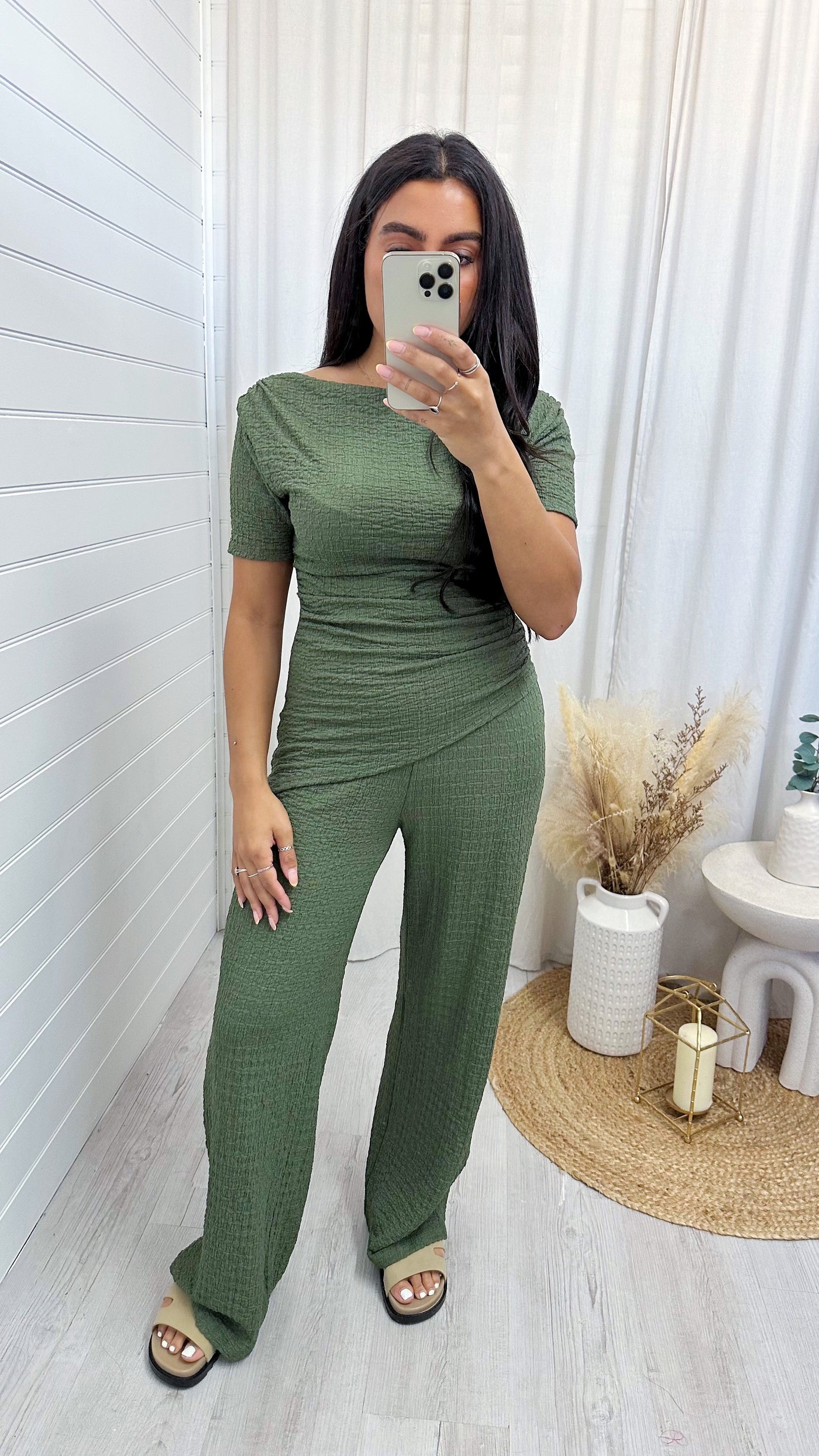 Cheesecloth Asymmetric Top and Trousers Co-Ord - KHAKI