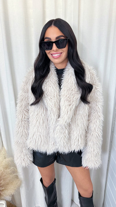 Premium Feather Faux Fur Jacket - BEIGE