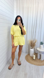 Laser Cut Mesh Balloon Top and Shorts Co-Ord - LEMON