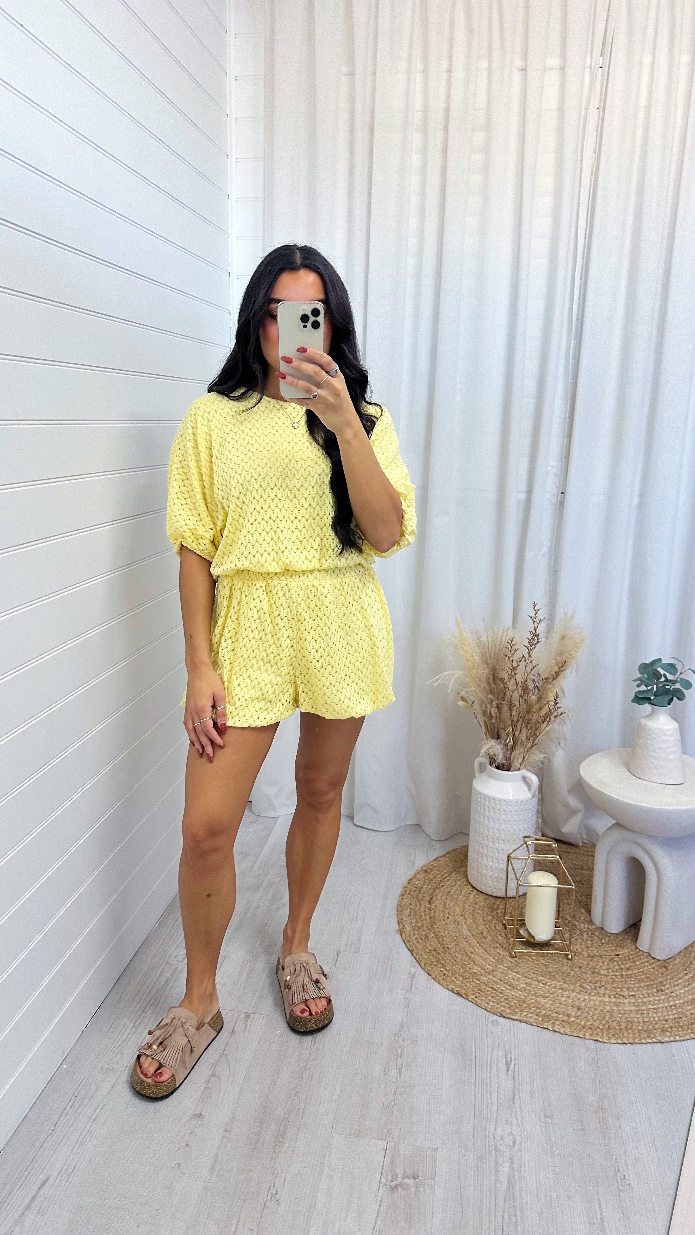 Laser Cut Mesh Balloon Top and Shorts Co-Ord - LEMON