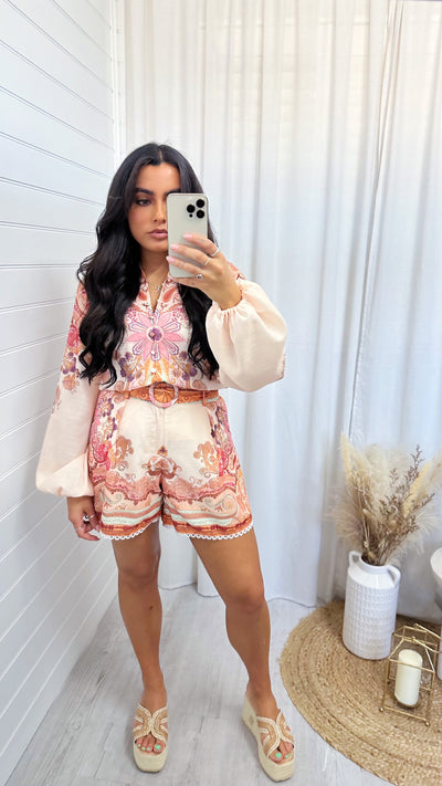Paisley Print Vintage Shirt and Shorts Co-Ord - PEACH