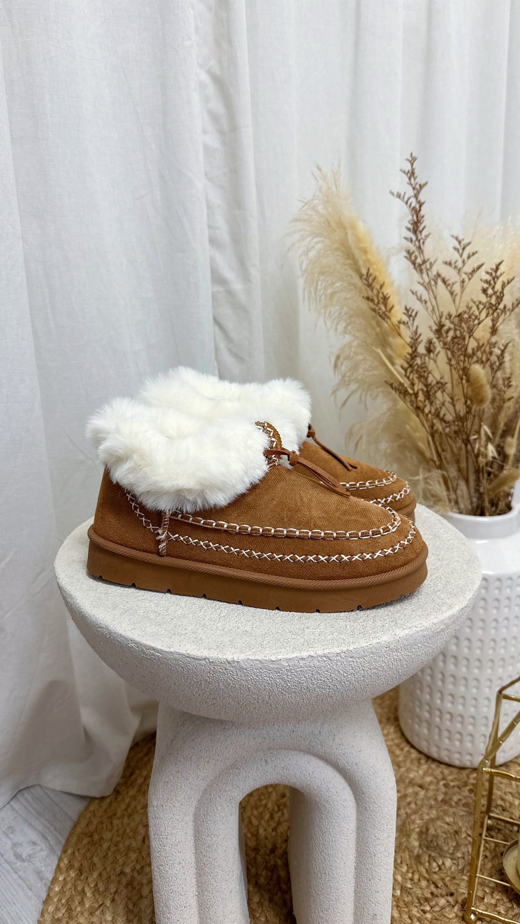 Embroidered Faux Fur Boots - CAMEL