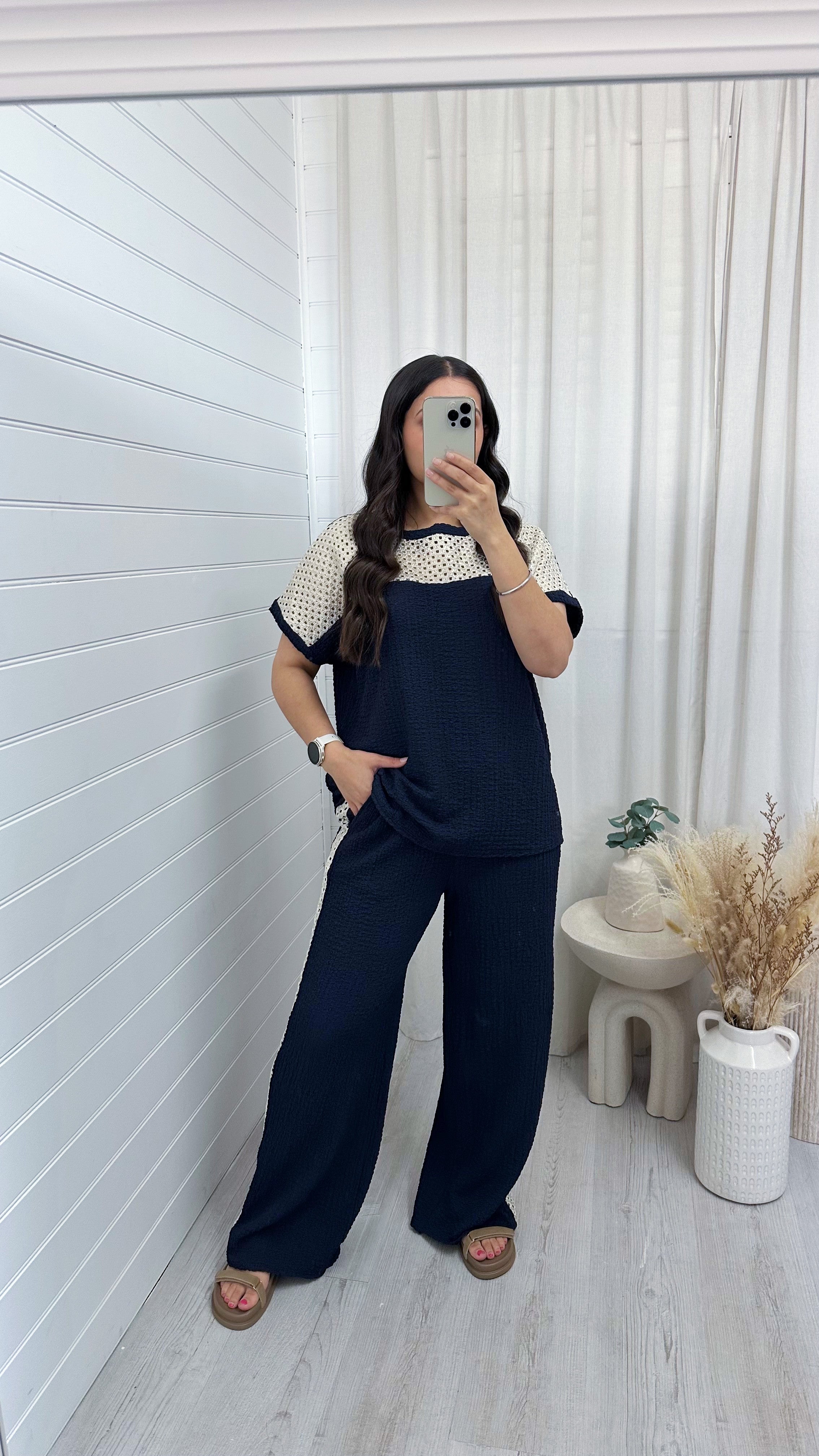Metallic Mesh T-Shirt and Trouser Co-Ord - NAVY