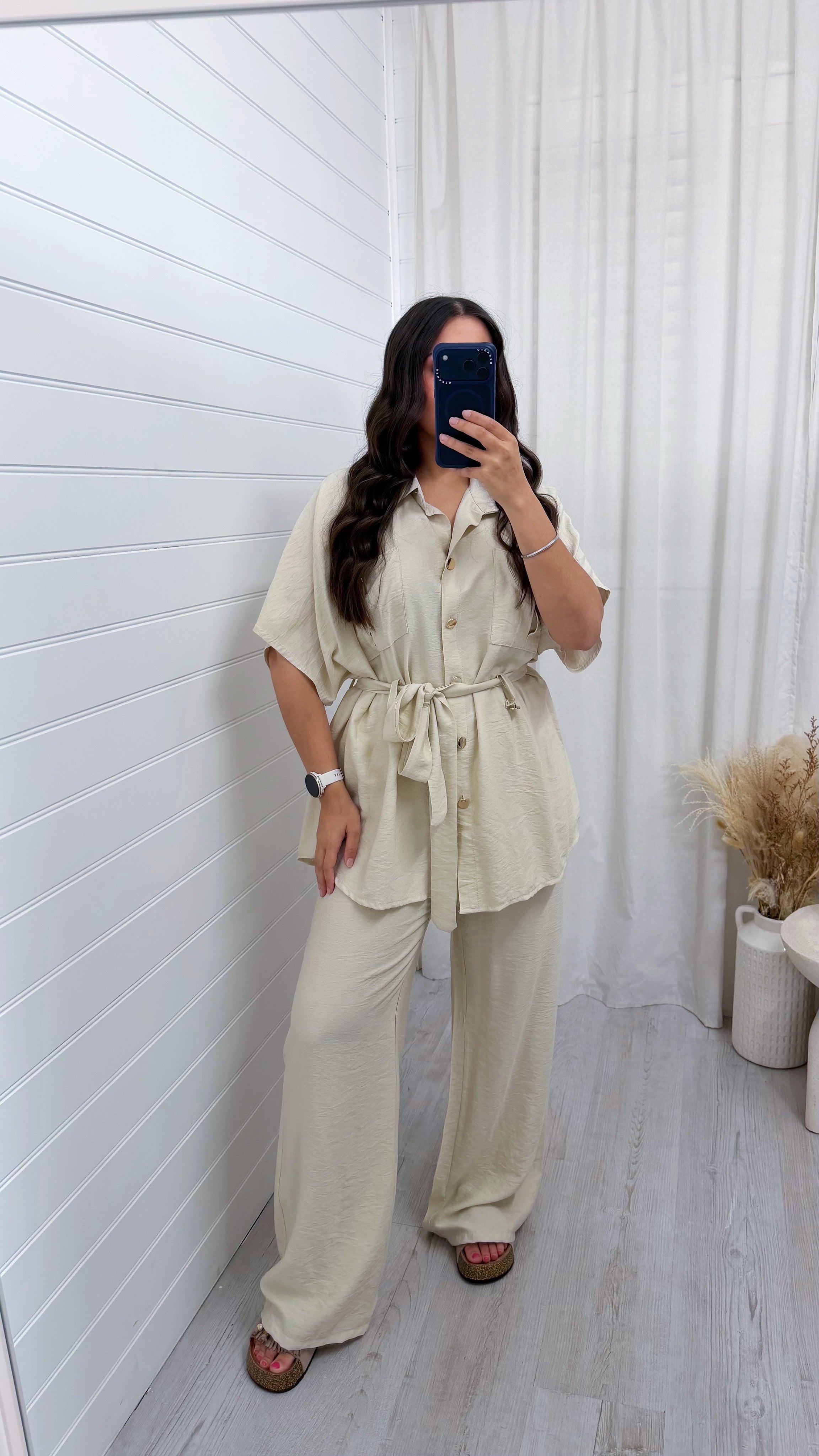 Gold Button Belted Shirt and Trousers Co-Ord - LIGHT BEIGE