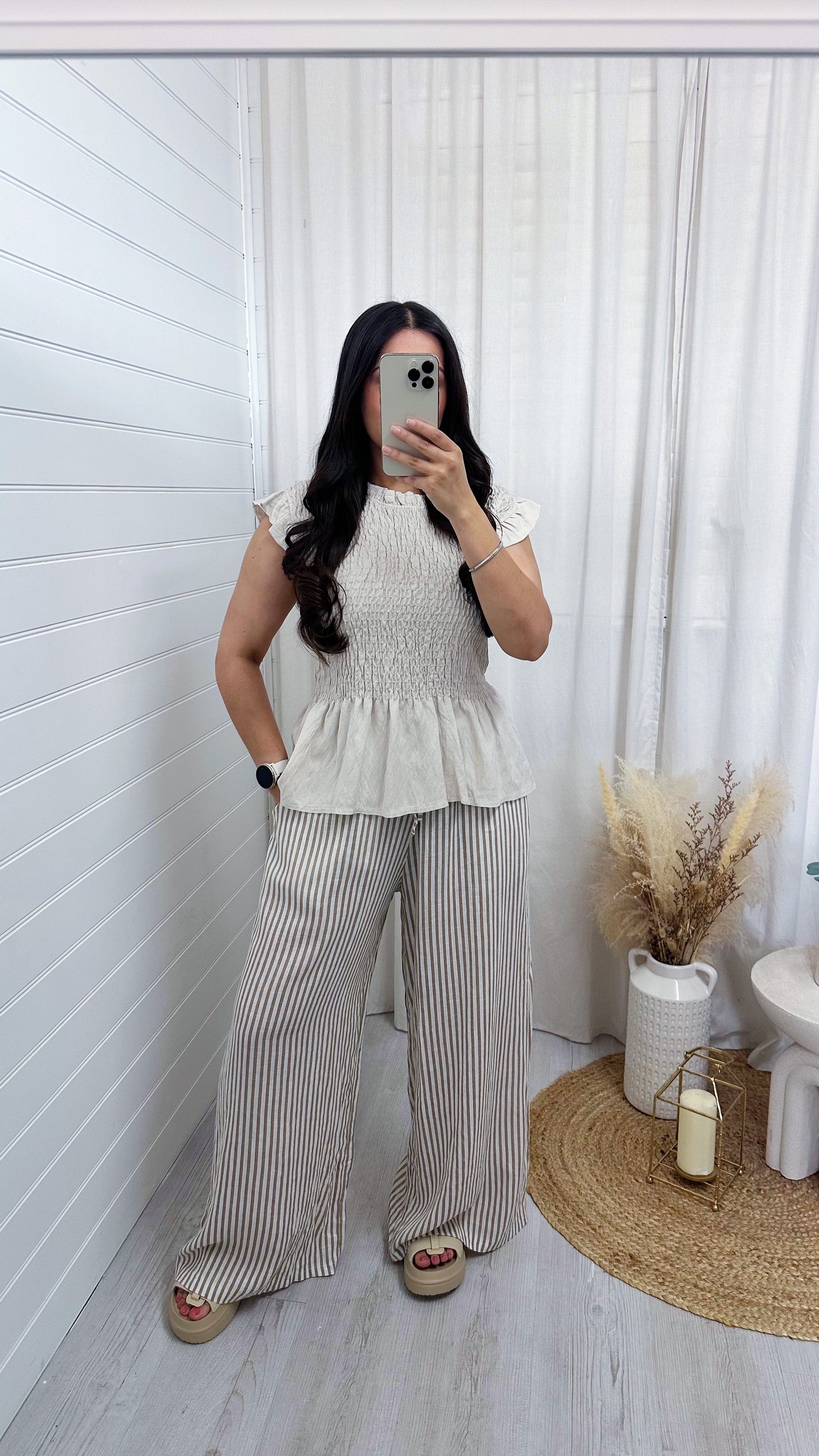 Pinstripe Linen Wide Leg Trousers - BEIGE