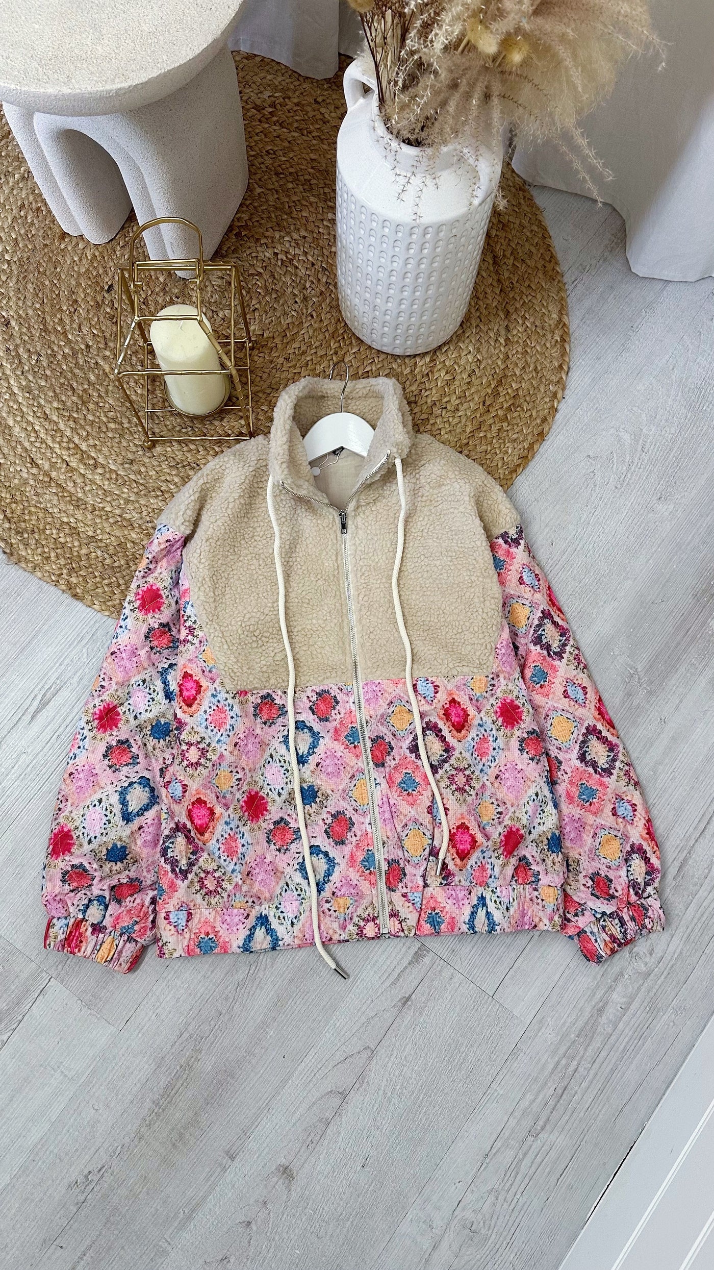 Moroccan Print Teddy Fur Bomber Jacket - PINK