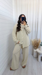 Oversized Pinstripe Shirt and Trousers Co-Ord - BEIGE