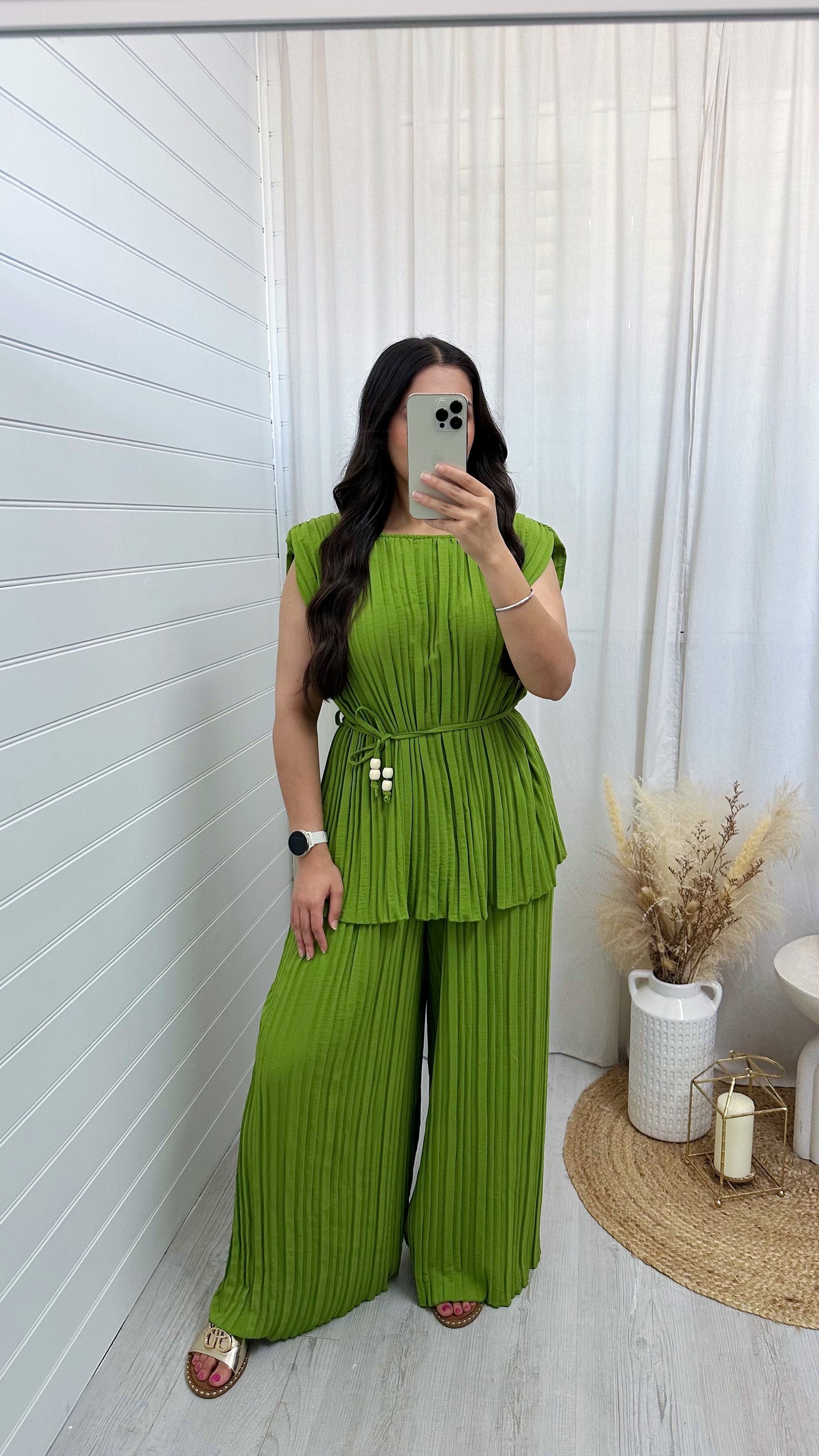 Pleated Tunic and Wide Leg Trousers Co-Ord - LIME