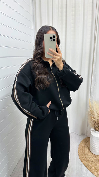 Side Stripe Bomber Jacket and Wide Leg Joggers Co-Ord - BLACK