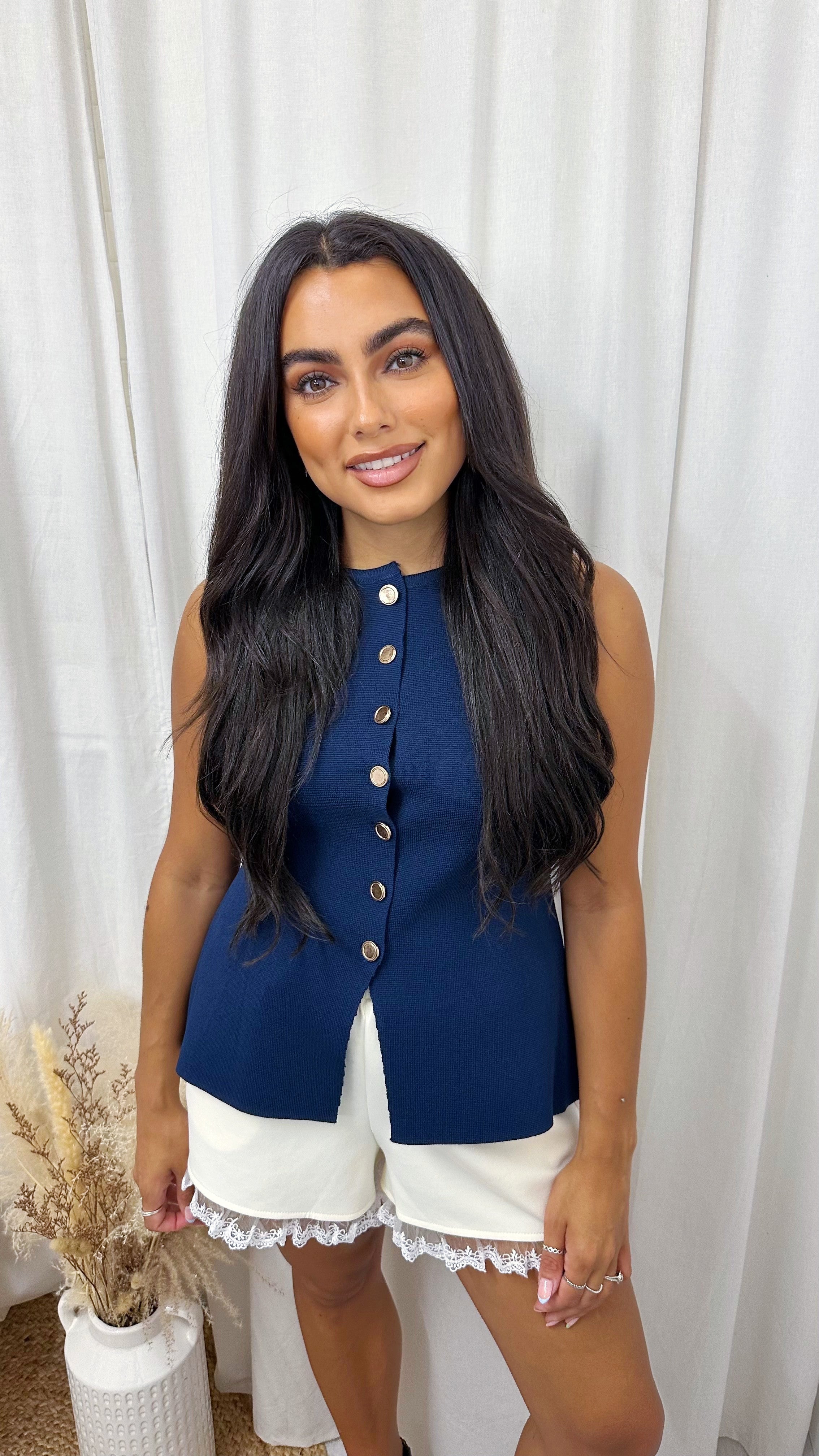 Gold Button Fine Knit Waistcoat - NAVY