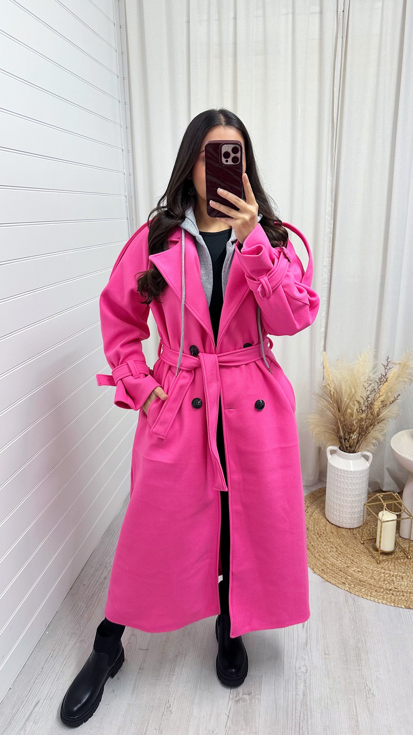 Belted Straight Fit Woollen Insert Mac - PINK