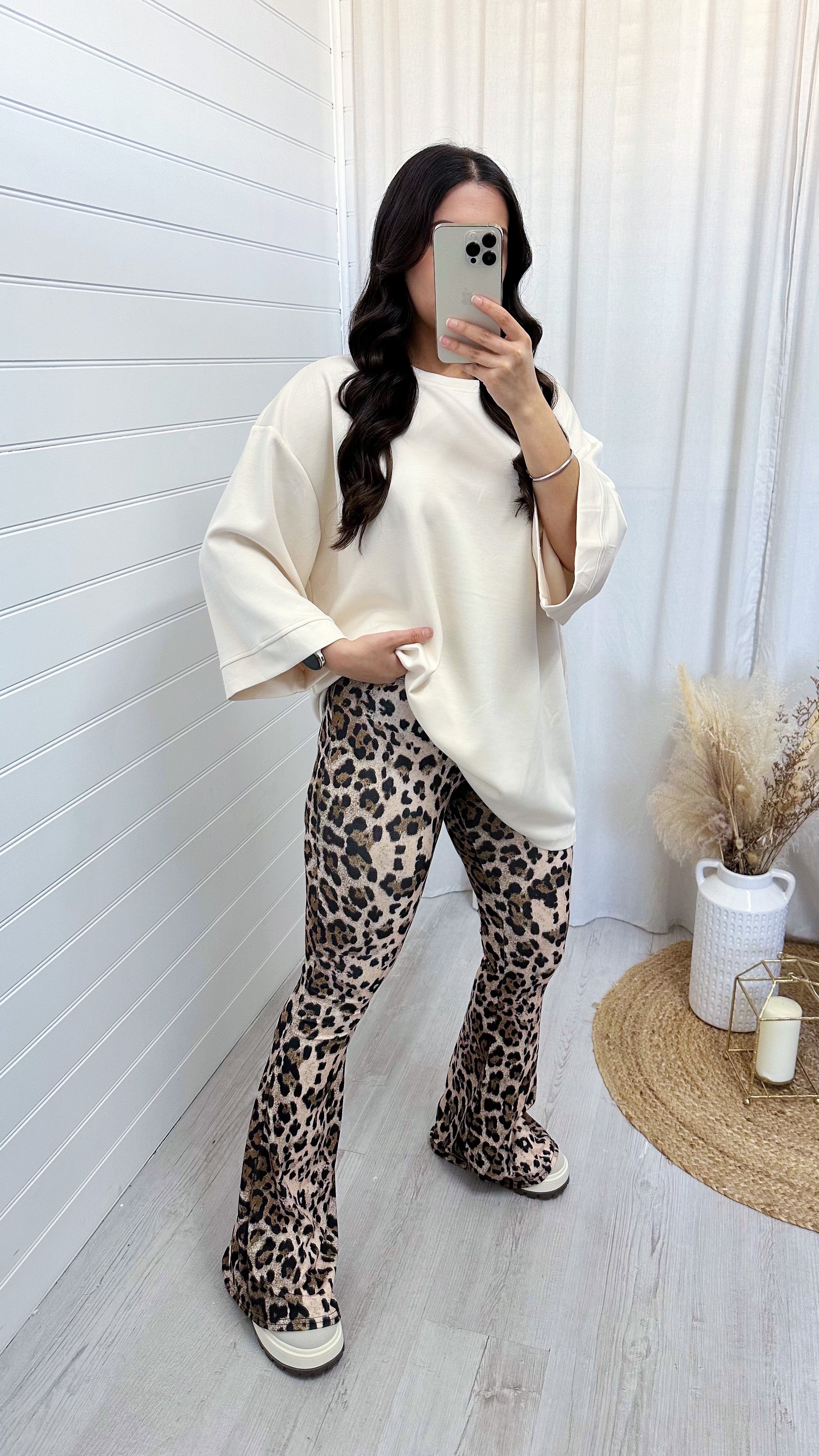 High Waisted Leopard Print Stretchy Flares - BEIGE