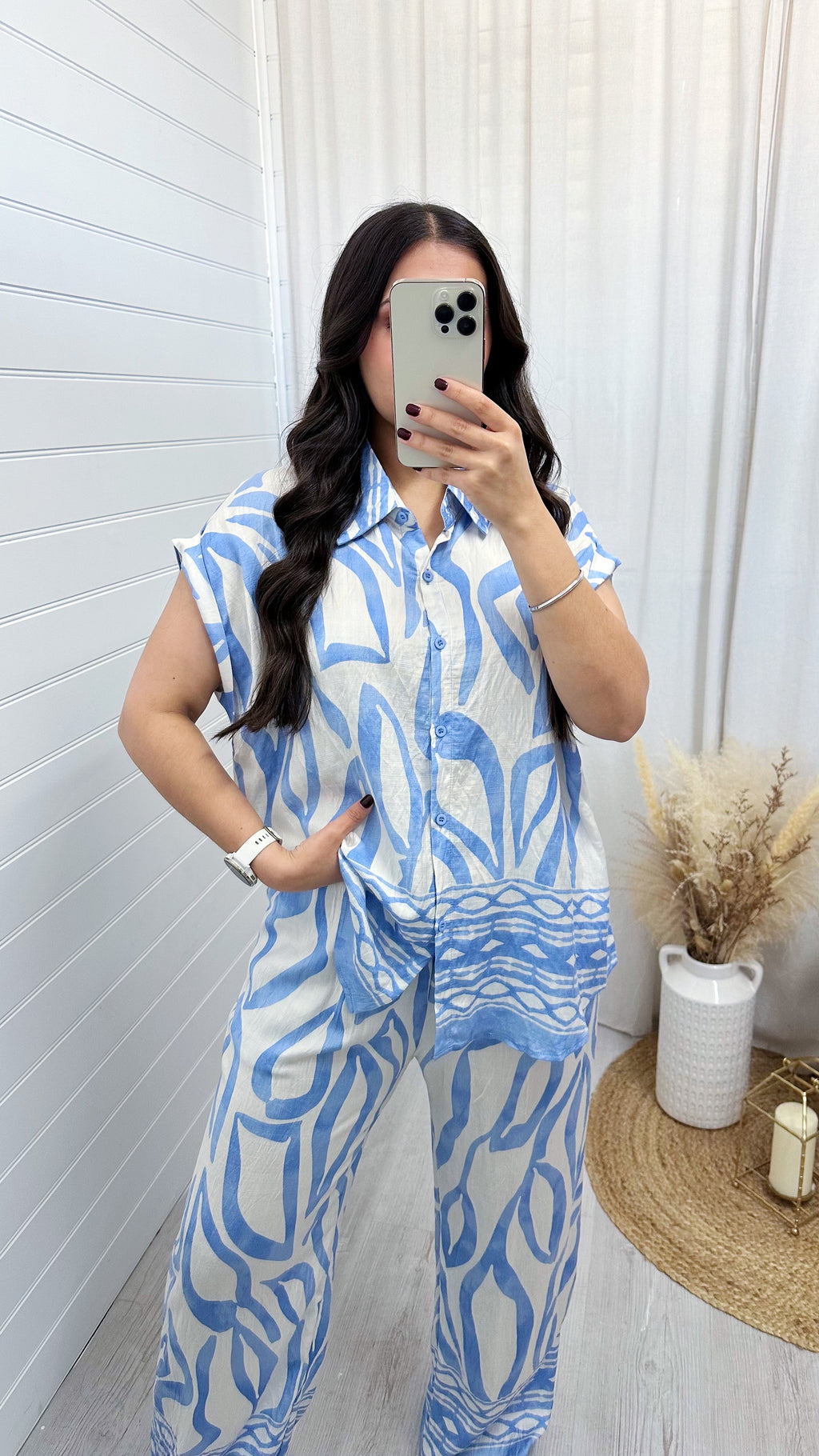 Leaf Print Shirt and Trousers Co-Ord - BLUE