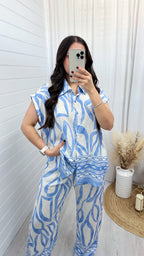 Leaf Print Shirt and Trousers Co-Ord - BLUE