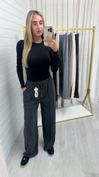 Textured Wide Leg Trousers - CHARCOAL