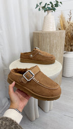Buckle Strap Faux Fur Loafers - CHESTNUT