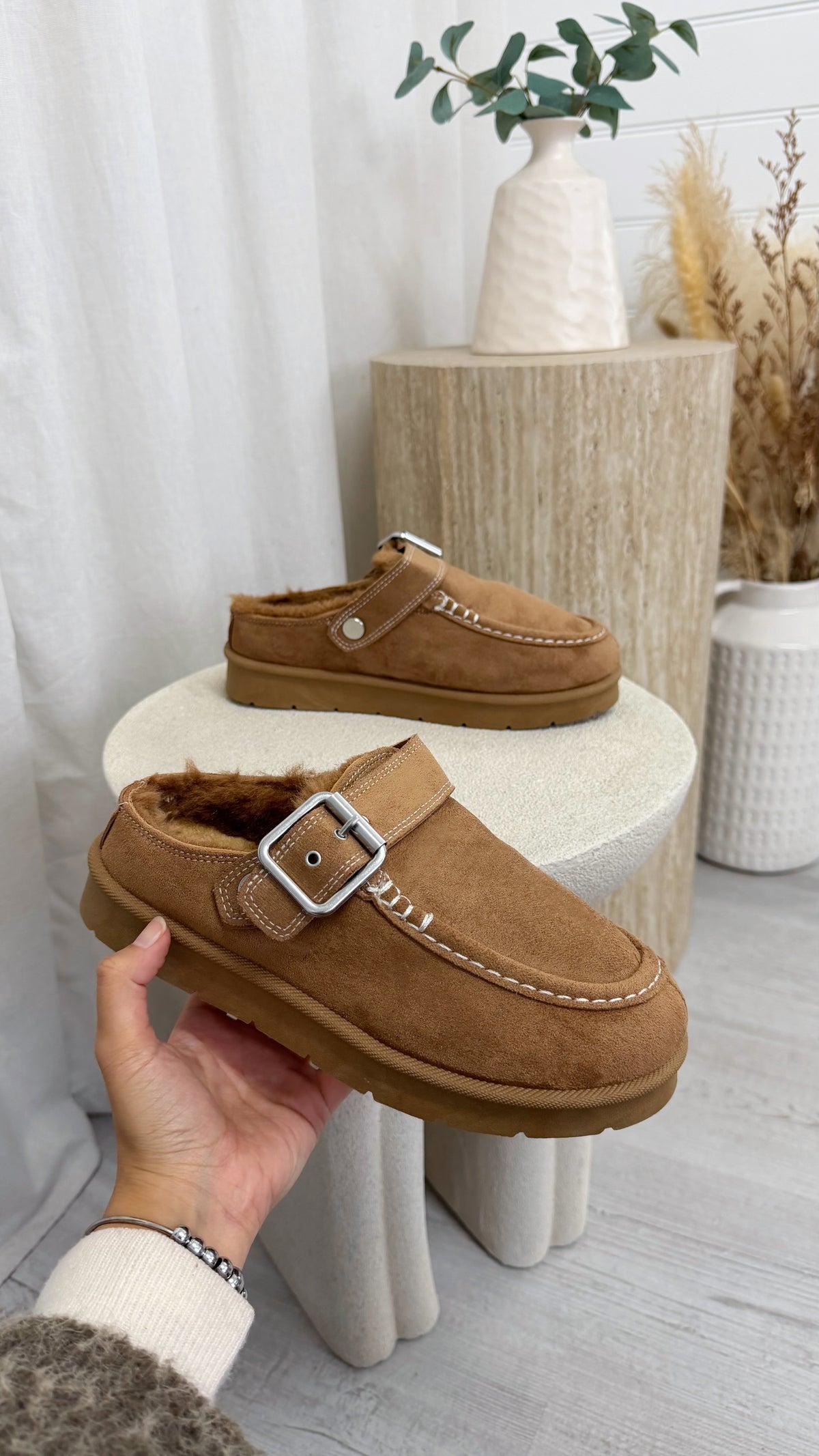 Buckle Strap Faux Fur Loafers - CHESTNUT
