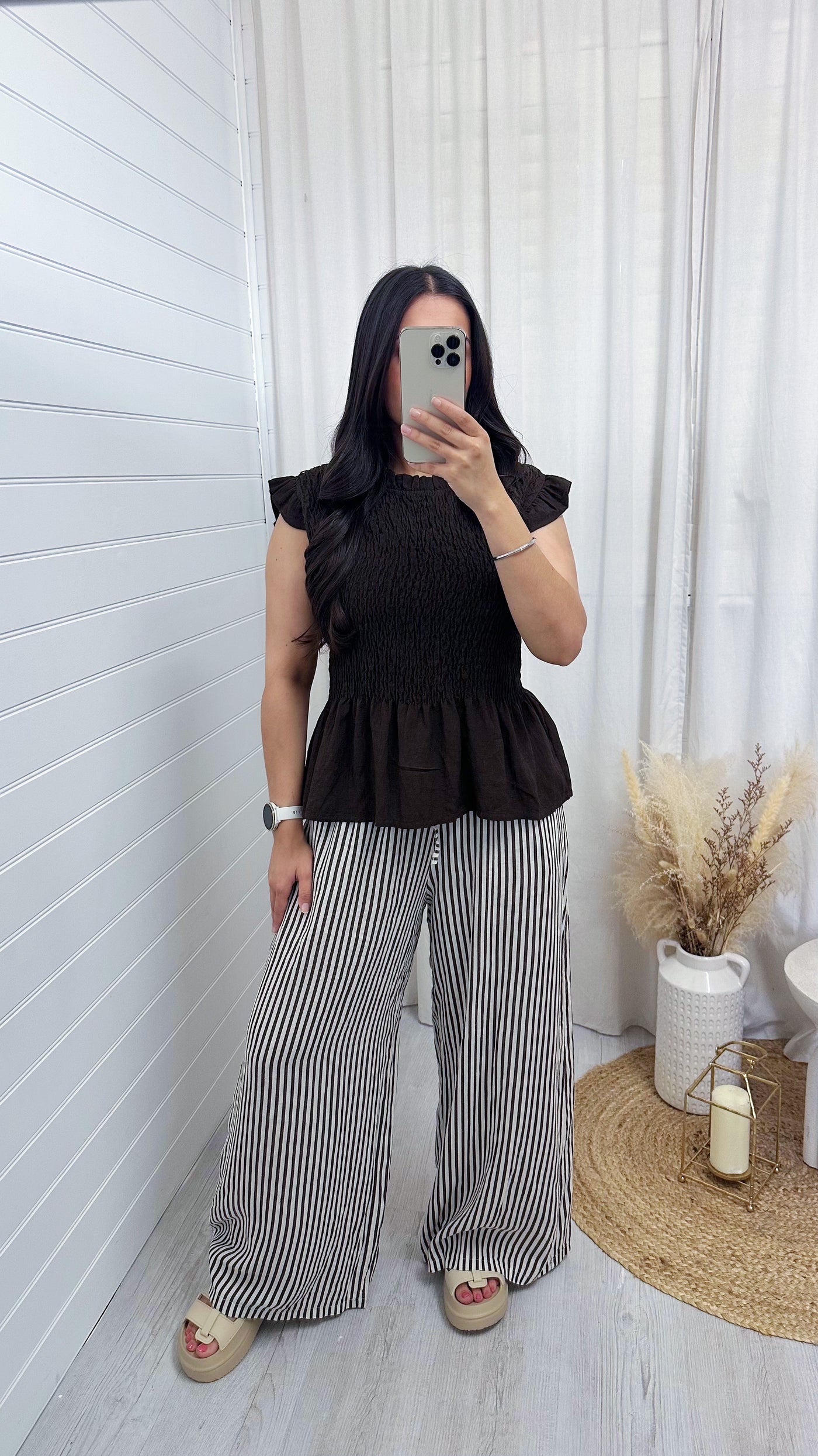 Pinstripe Linen Wide Leg Trousers - BROWN