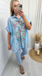 Tapestry Print Linen Shirt - BLUE