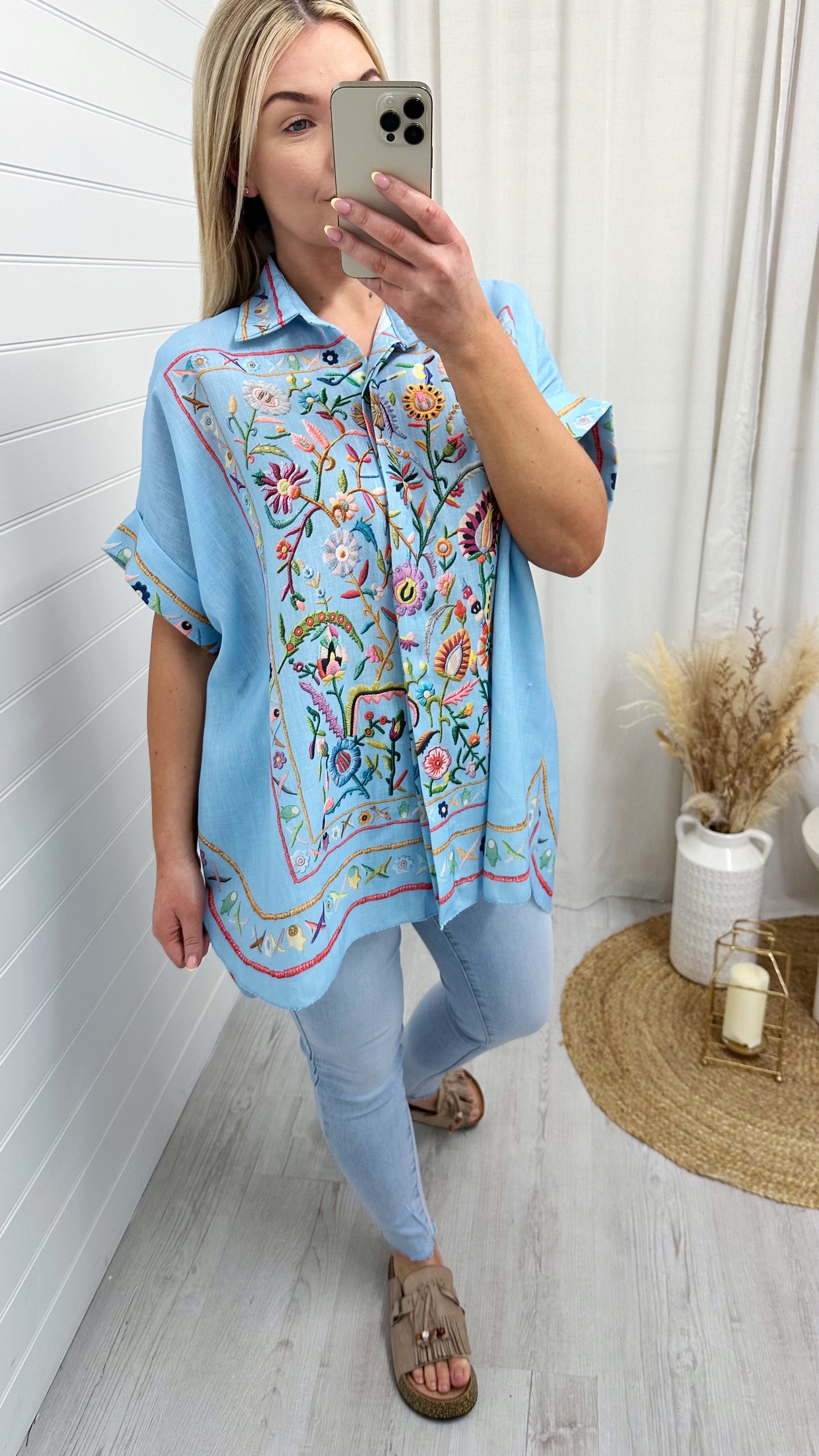 Tapestry Print Linen Shirt - BLUE