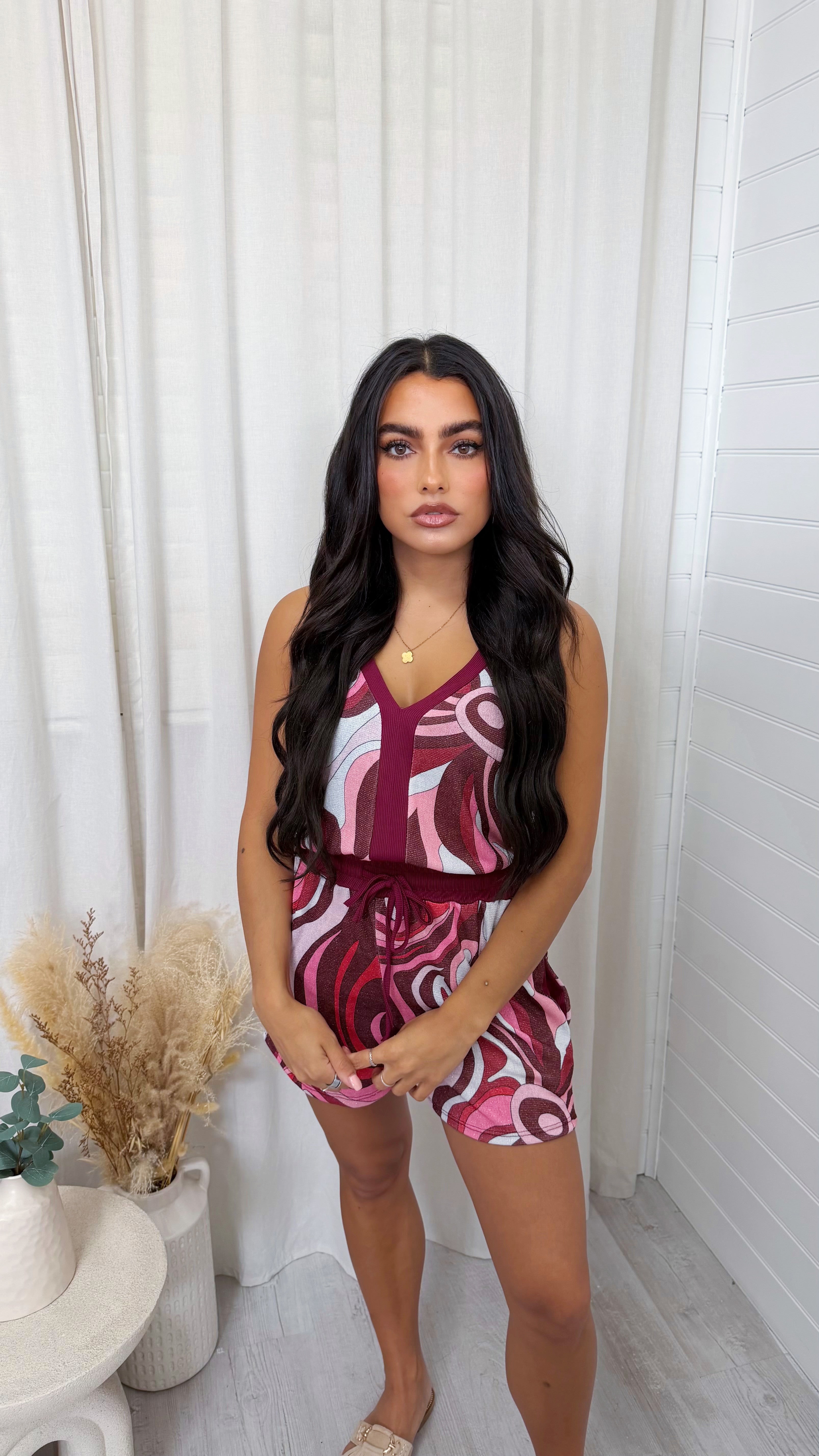 Swirly Shimmer Vest Top and Shorts Co-Ord - BURGUNDY