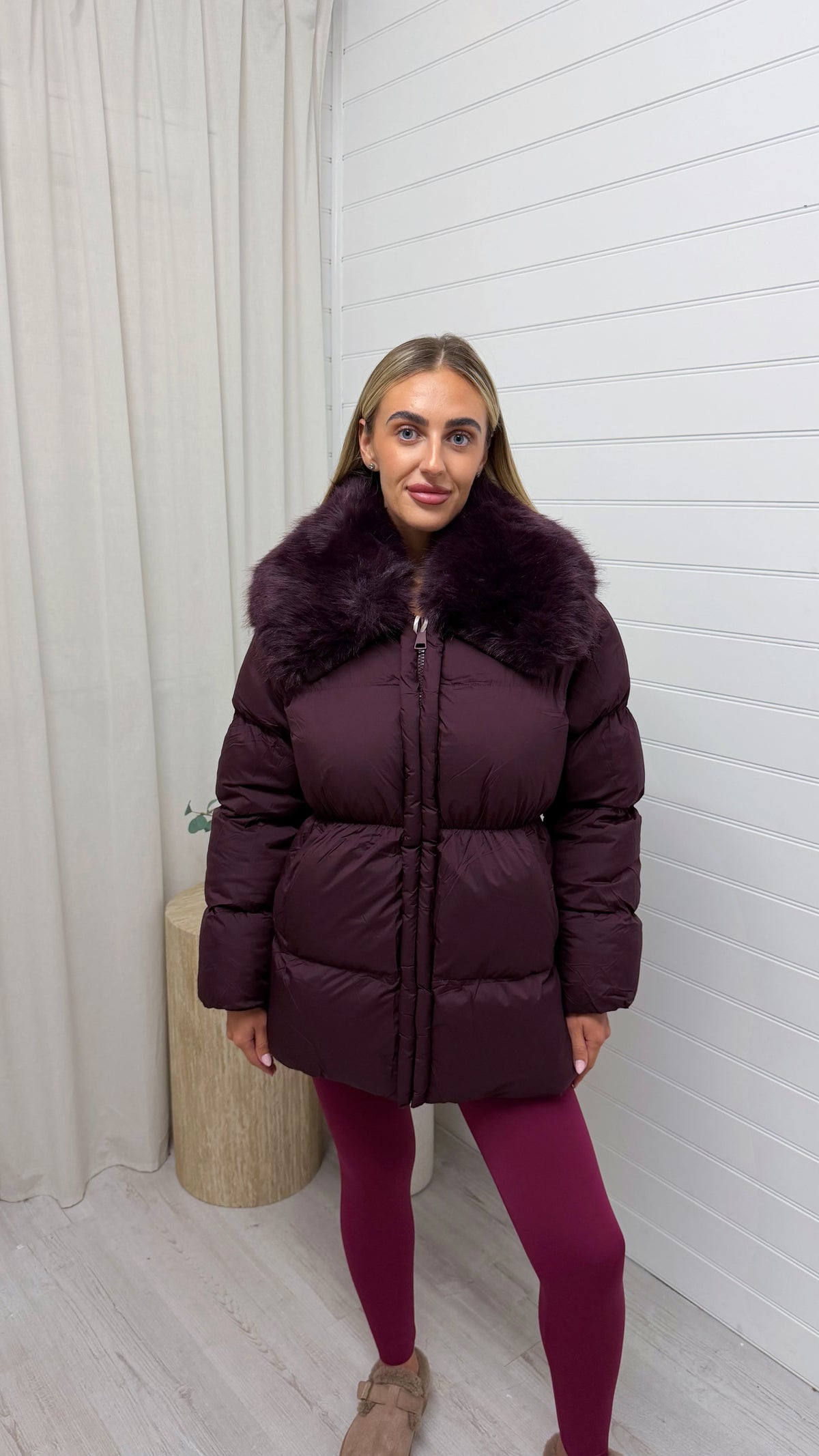 Luxe Faux Fur Collar Puffer Coat - BURGUNDY