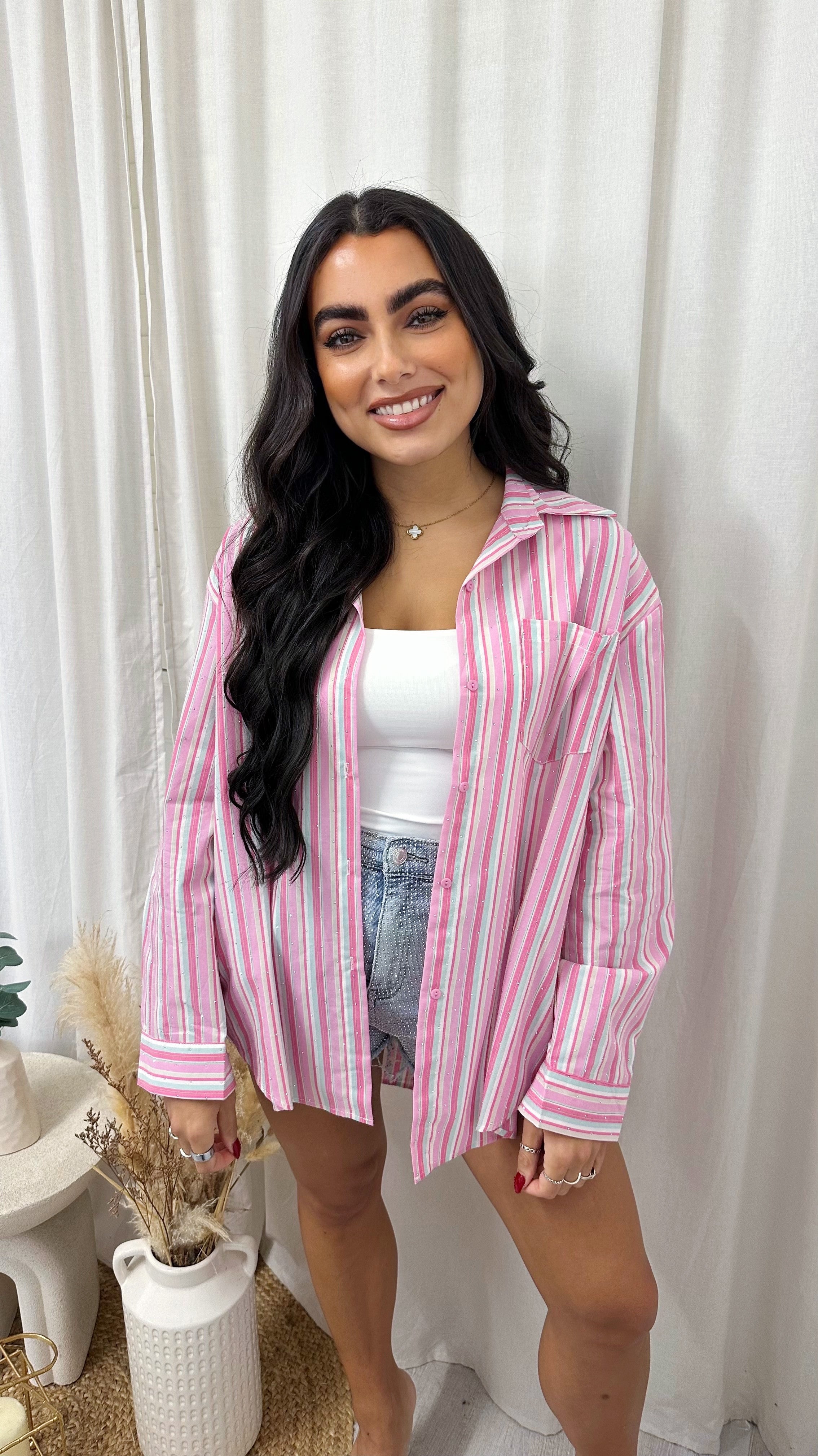 Multicolour Rhinestone Relaxed Shirt - PINK