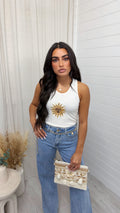 Celestial Sun Beaded Rib Vest Top - WHITE