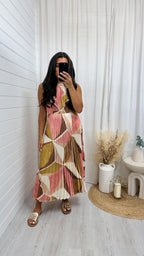 Abstract Pleated Satin Halter Neck Top and Midi Skirt - PINK