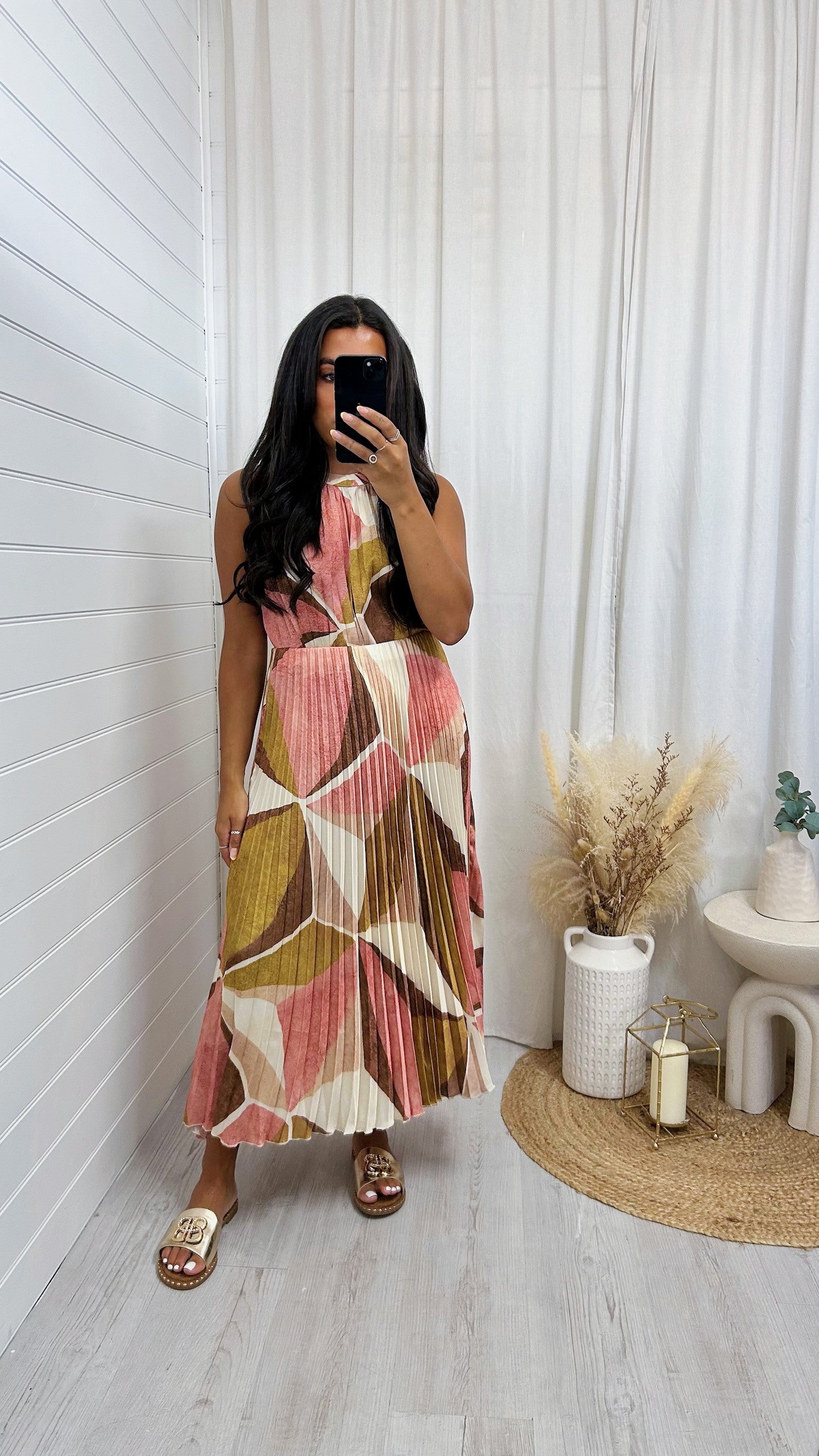 Abstract Pleated Satin Halter Neck Top and Midi Skirt - PINK