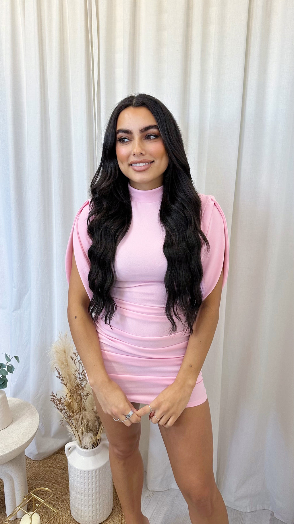 Ruched Shoulder Padded Mini Dress - PINK