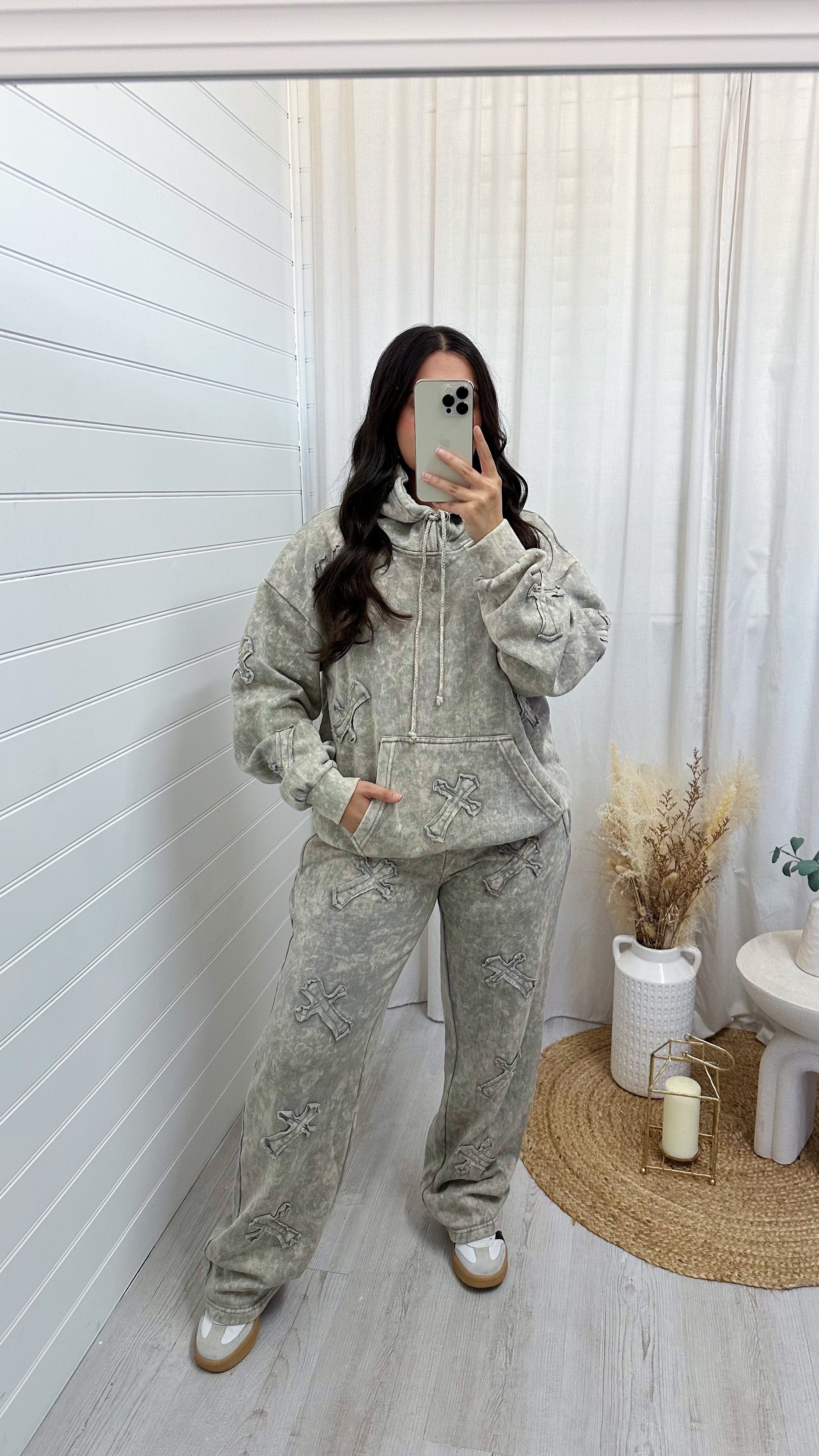 Distressed Cross Hoodie and Joggers Tracksuit - ACID WASH BEIGE