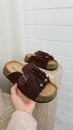 Beaded Suede Fringe Sliders - BROWN