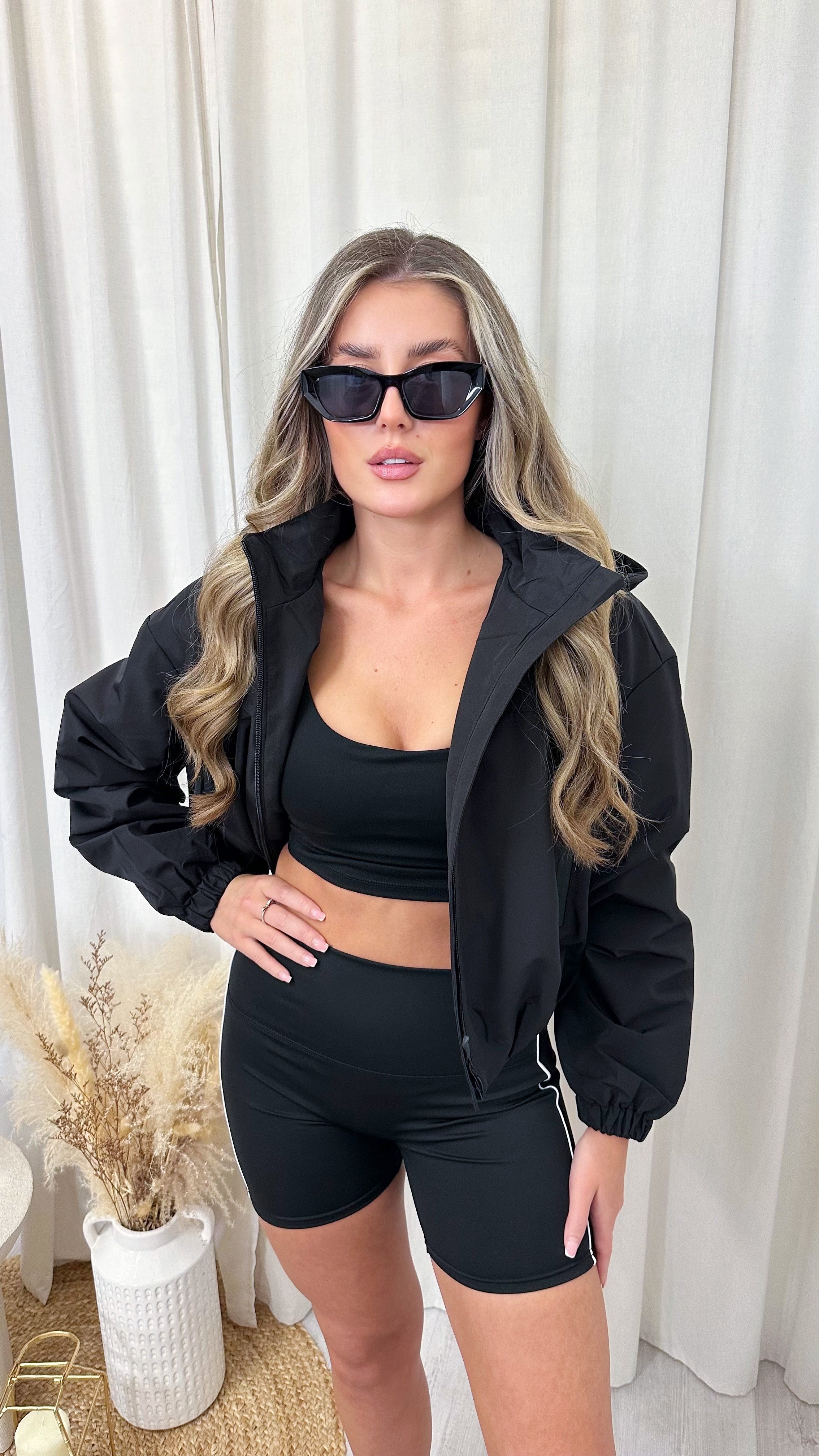 Cropped Athletic Bomber Jacket - BLACK