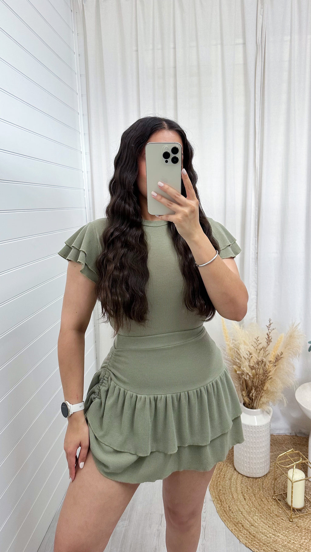 Frill Sleeve Top and Frill Ruched Skirt Co-Ord - KHAKI