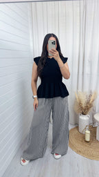 Pinstripe Linen Wide Leg Trousers - BLACK