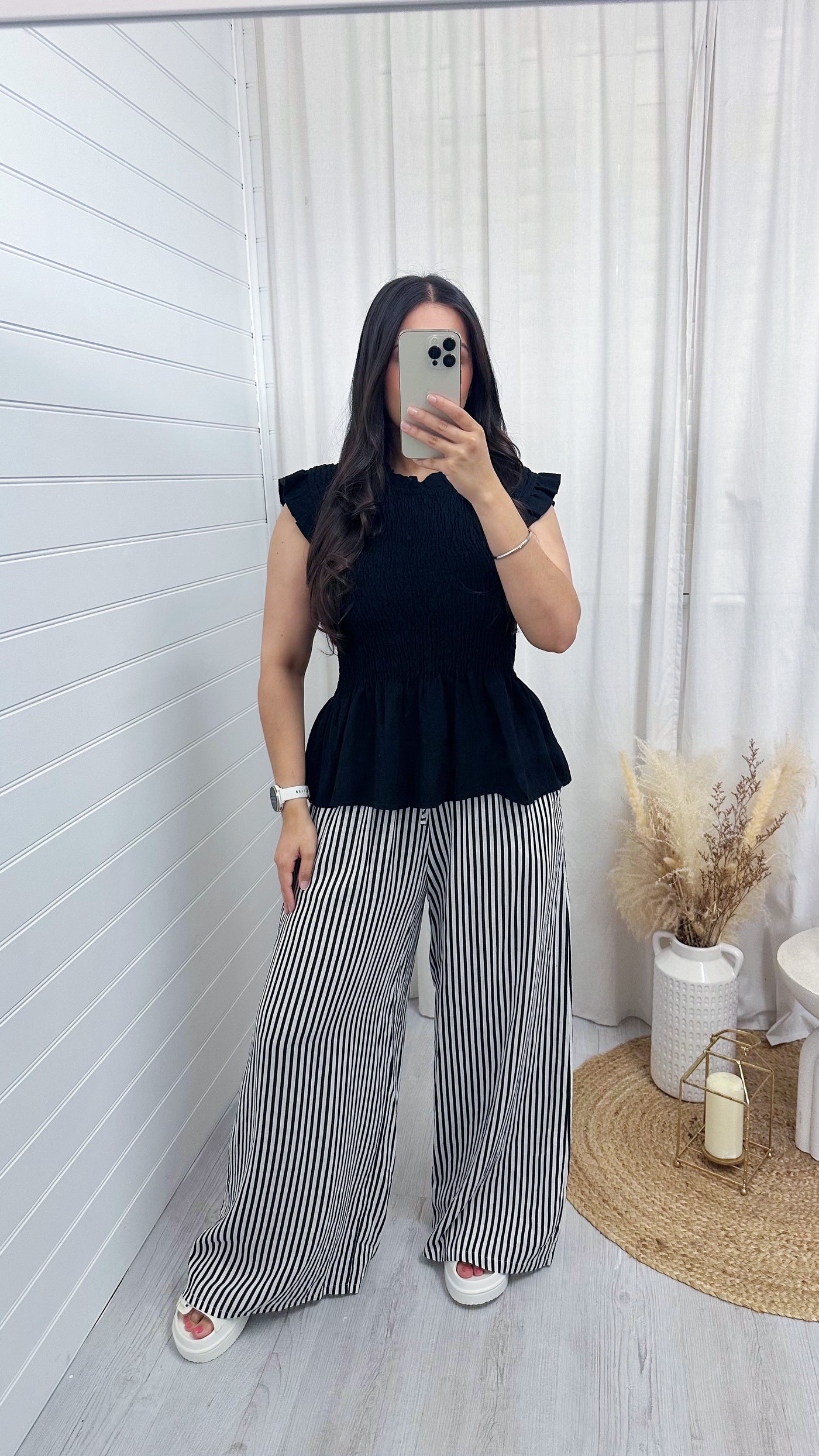Pinstripe Linen Wide Leg Trousers - BLACK