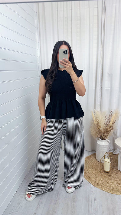 Pinstripe Linen Wide Leg Trousers - BLACK