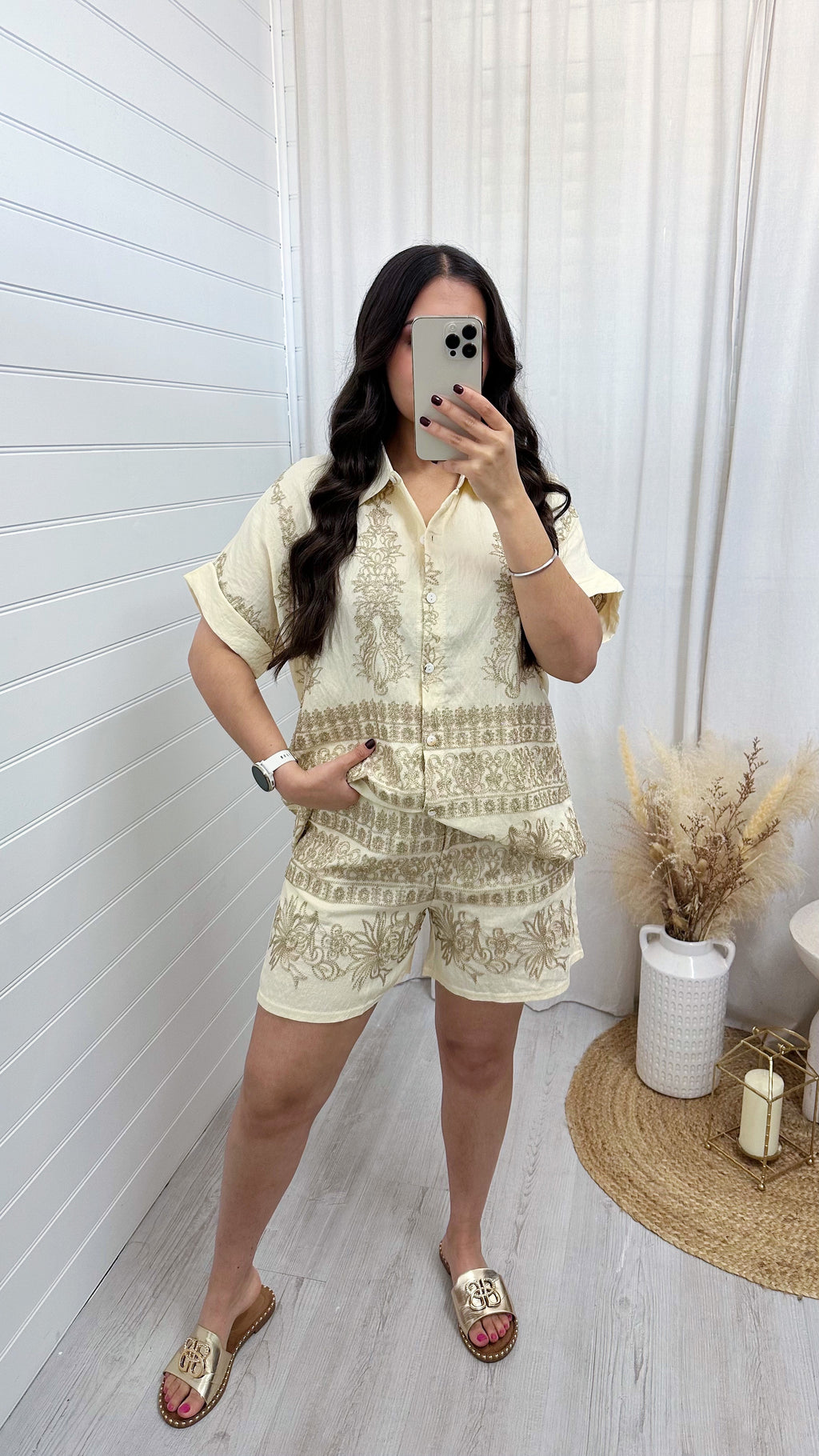 Gold Sparkle Embroidered Shirt and Shorts Co-Ord - CREAM
