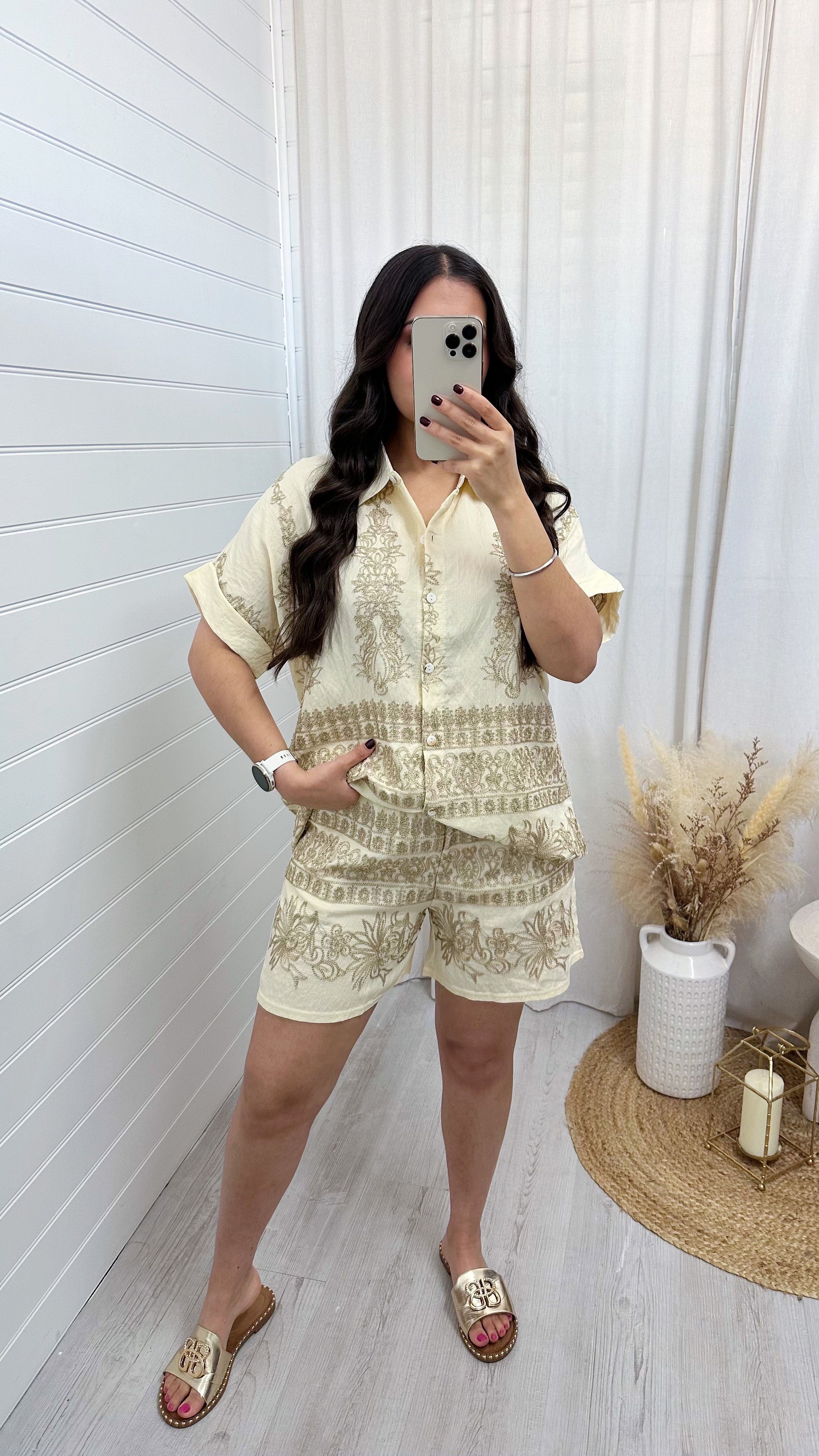 Gold Sparkle Embroidered Shirt and Shorts Co-Ord - CREAM