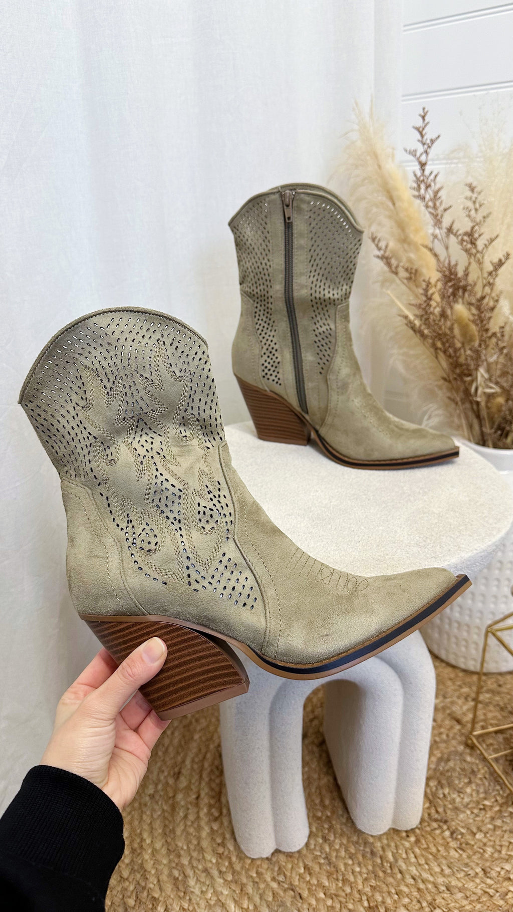Laser Cut Embroidered Cowboy Boots - KHAKI