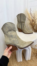 Laser Cut Embroidered Cowboy Boots - KHAKI