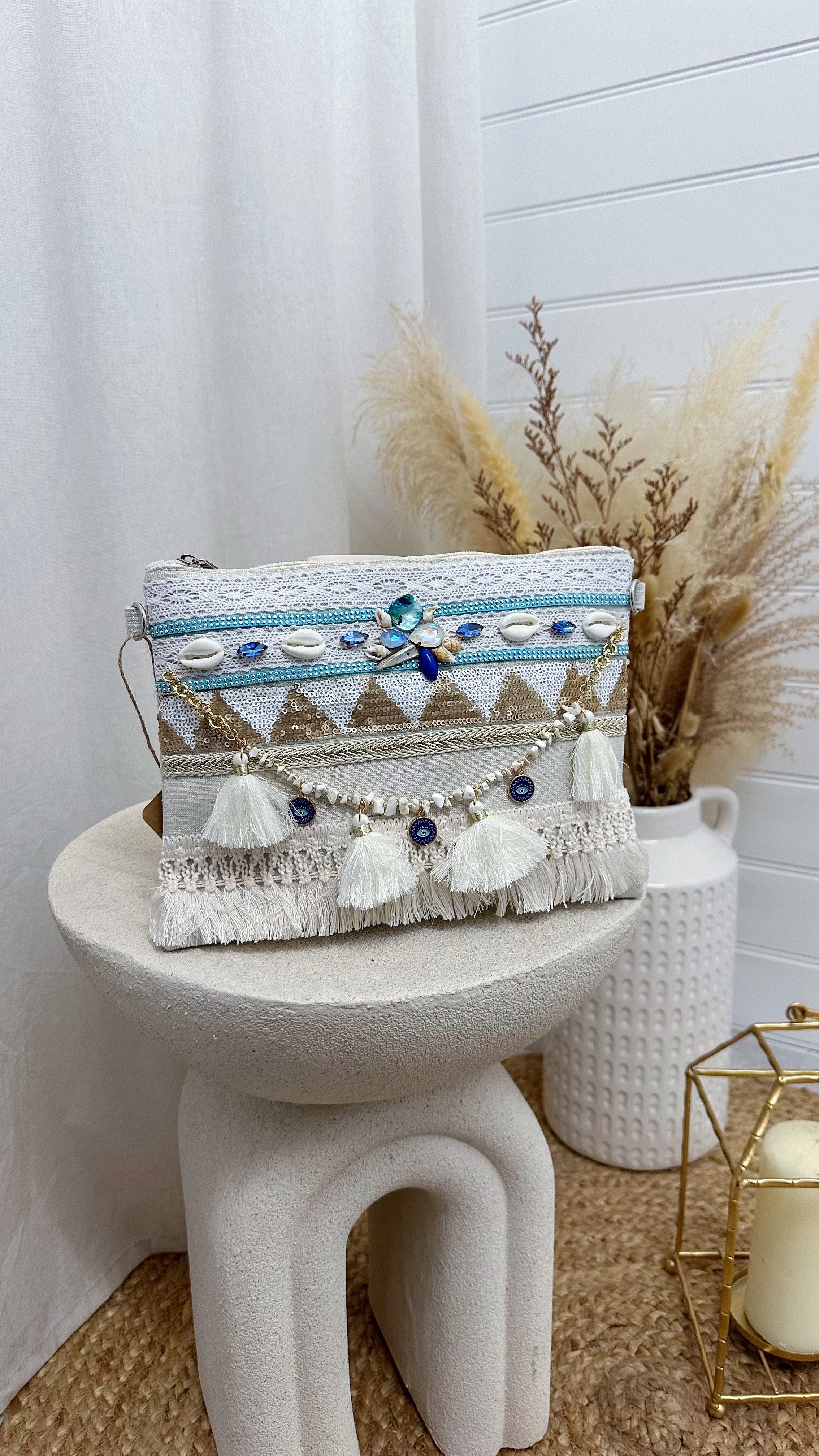 Blue and Cream Seashell Boho Clutch Bag