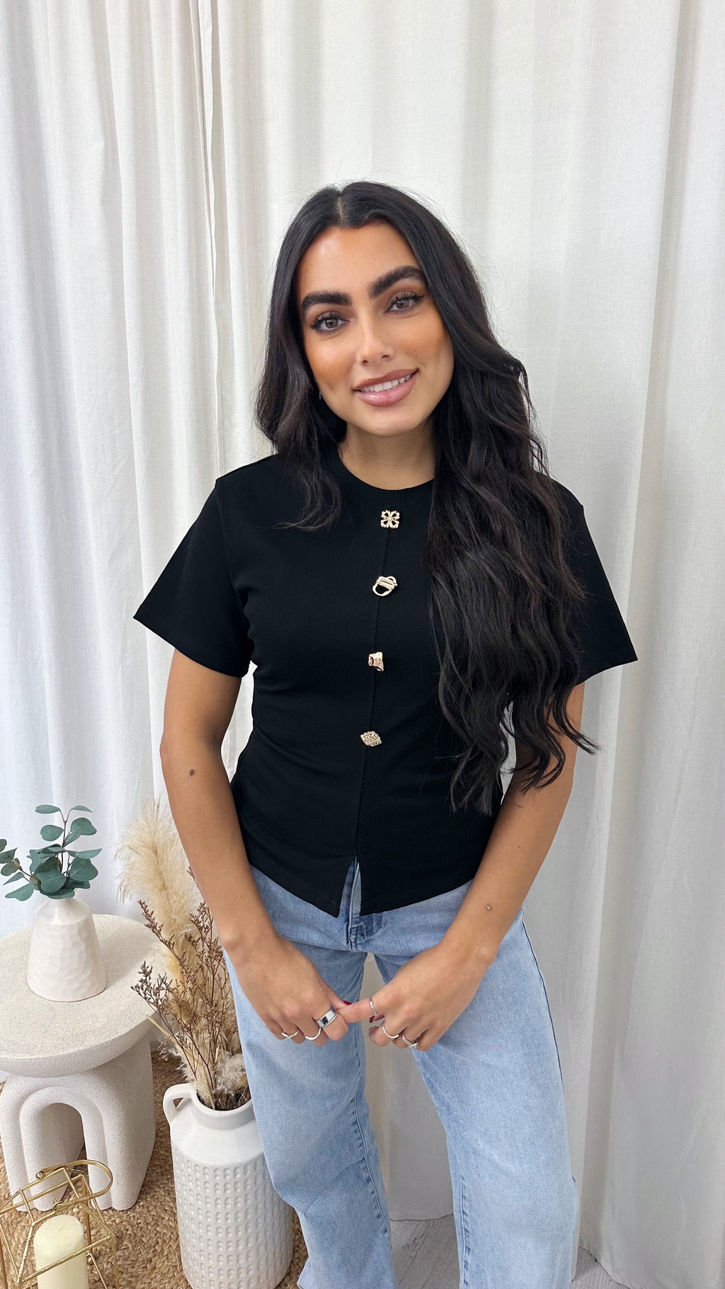 Soft Ribbed Gold Button Cinched T-Shirt - BLACK